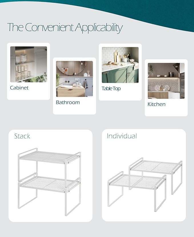 2Pack Kitchen Cabinet Shelf Counter Organizer Rack Pantry Storage Bathroom Bedroom Office Table Desk Space Saving Stackable Rust Resistant Non Slip White Wide L13.1in W10.6in H7.3in-NeatNest