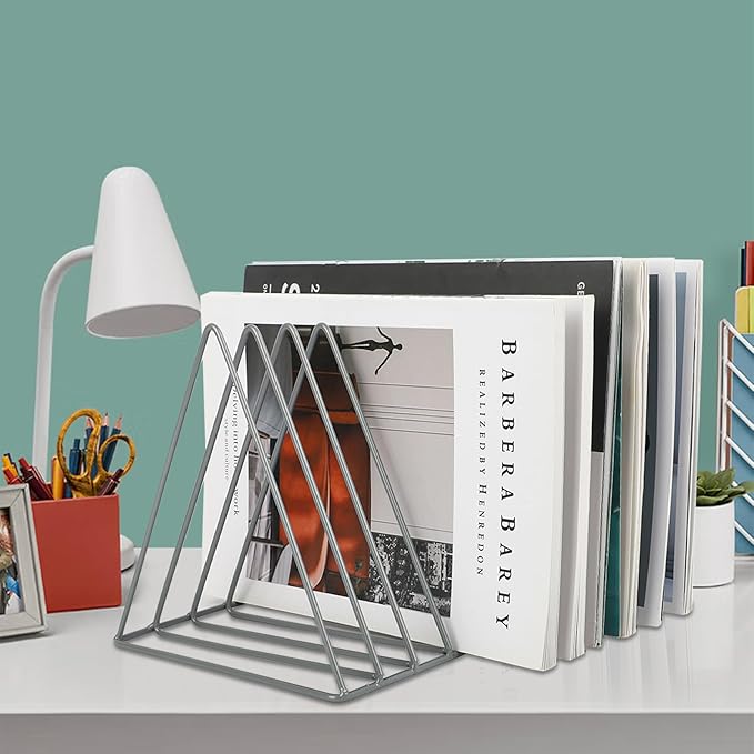 EASEPRES Vinyl Record Holder Storage, 9 Slot Metal Magazine Book Album Display Rack, Stylish Triangle Desktop File Sorter Organizer for Home Office, Grey