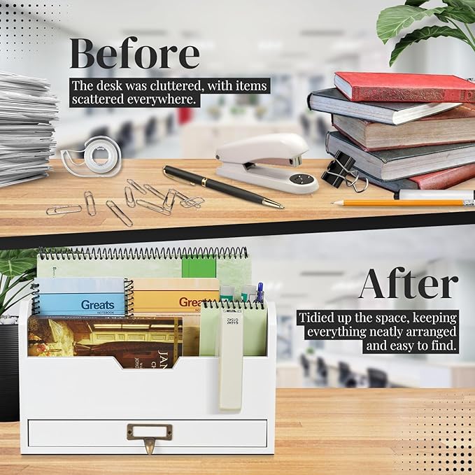 Flexzion 3 Tier Wooden Desk Organizer - Country Rustic Mail Organizer Countertop Compartments Slot File Tray Pencil Sorter Shelf Holder Accessories Set with Storage Drawer for Home Office, Beige Wood-NeatNest