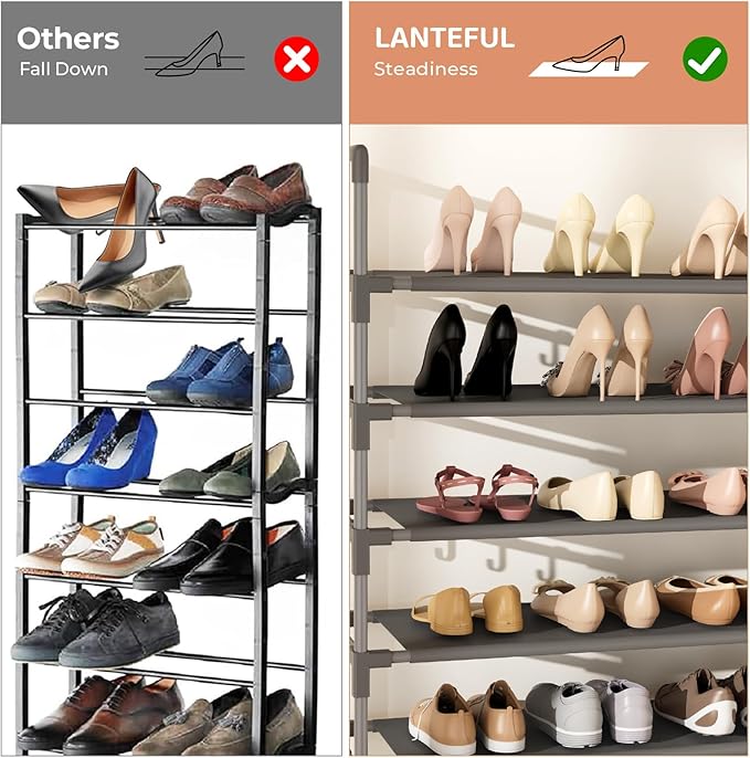 Tall Shoe Rack 10 Tier Shoe Organizer Large Shoe Shelf with 18 Hooks Storage for 50 Pair Sneaker and Boot, Stackable Vertical Shoe Rack Organizer for Closet, Entryway, Bedroom, Grey-NeatNest
