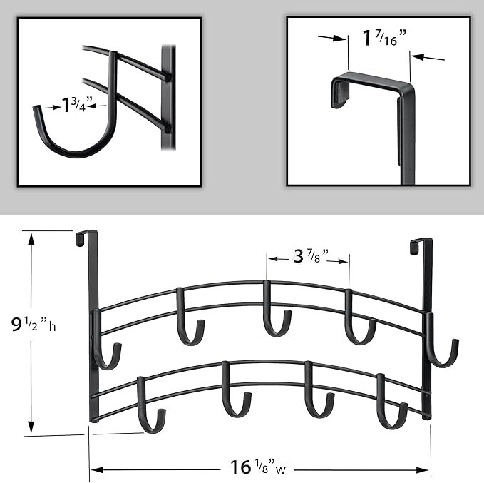 LYNK Professional® Home™ Over Door Hooks Rack - 9 Hook Over Door Hanger - Over Door Towel Rack - Hanging Towels or Clothes - Bathroom, Bedroom or Laundry Room - Lifetime Ltd. Warranty - Black
