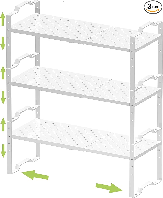 Expandable Shelf for Cabinet Organizer Adjustable Stackable Spice Rack at Kitchen and Bathroom More, Counter Countertop Cupboard Organization Pantry Storage(3 Packs/White,Medium)-NeatNest