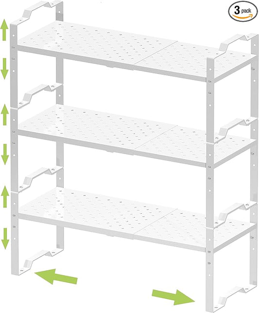 Expandable Shelf for Cabinet Organizer Adjustable Stackable Spice Rack at Kitchen and Bathroom More, Counter Countertop Cupboard Organization Pantry Storage(3 Packs/White,Medium)-NeatNest