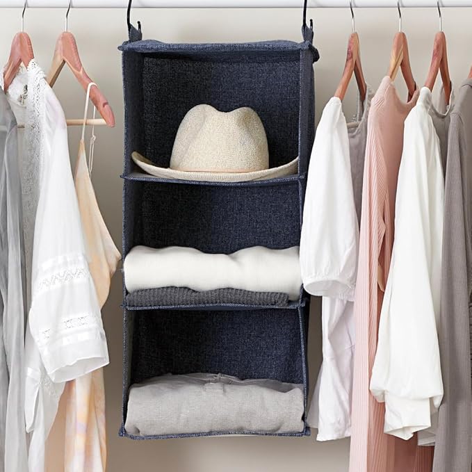 Household Essentials Hanging Cotton Blend Closet Organizer with 3 Storage Shelves, Denim-NeatNest