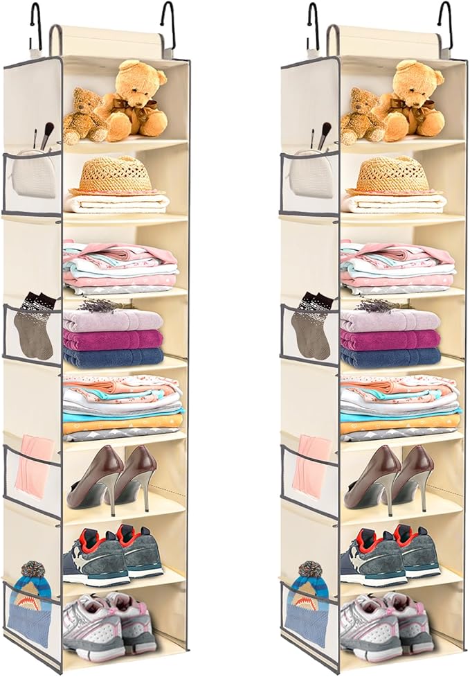2 Pack Large-Sized Hanging Shoe Organizer 8-Shelf, Hanging Closet Organizer with 8 Side Pockets, Wider Hanging Shelves for Storage Shoes Clothes 9" W × 11.8" D× 48" H, Beige.-NeatNest