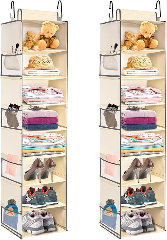 2 Pack Large-Sized Hanging Shoe Organizer 8-Shelf, Hanging Closet Organizer with 8 Side Pockets, Wider Hanging Shelves for Storage Shoes Clothes 9" W × 11.8" D× 48" H, Beige.-NeatNest