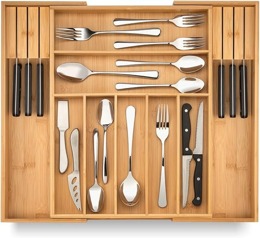 Bamboo Drawer Organizer with Knife Blocks - Silverware Organizer & Utensil Drawer Organizer, Cutlery Tray with Dividers, 7-9 Slots- Premium Kitchen Organizer for Utensils & Flatware (Natural)-NeatNest