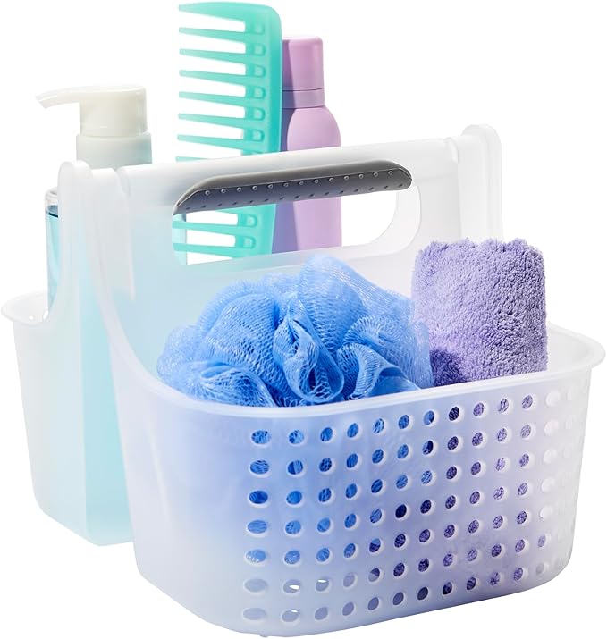 Madesmart 2-Compartment Soft Grip Shower Tote for Bathroom Organization, Plastic Storage Shower Caddy Bucket, Small, Frost-NeatNest