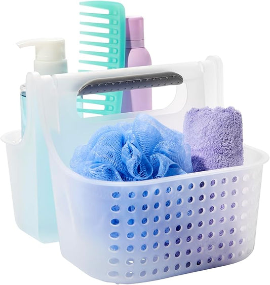 Madesmart 2-Compartment Soft Grip Shower Tote for Bathroom Organization, Plastic Storage Shower Caddy Bucket, Small, Frost-NeatNest