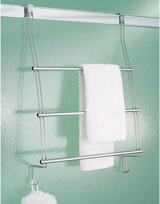 iDesign Classico Steel Over-The-Door Towel Rack with Storage Hooks - 16.75" x 4.25" x 24", Chrome