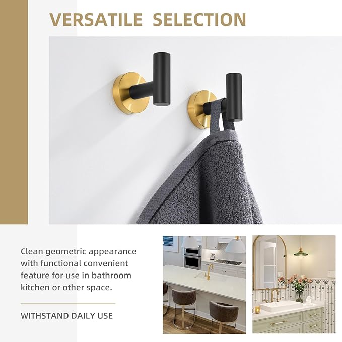 Angle Simple Black & Gold Towel Hook 2 PCS, Stainless Steel Bathroom Robe Holder, Round Coat Hand Towel Hanger, Wall Mounted