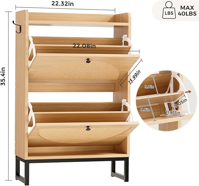Shoe Cabinet with 2 Flip Drawers, Natural Rattan Freestanding Shoe Cabinet Storage for Entryway, Slim Shoes Organizer with Metal Legs, Narrow Shoe Rack Cabinet for Hallway (2 Flip Drawers, WOOD)-NeatNest