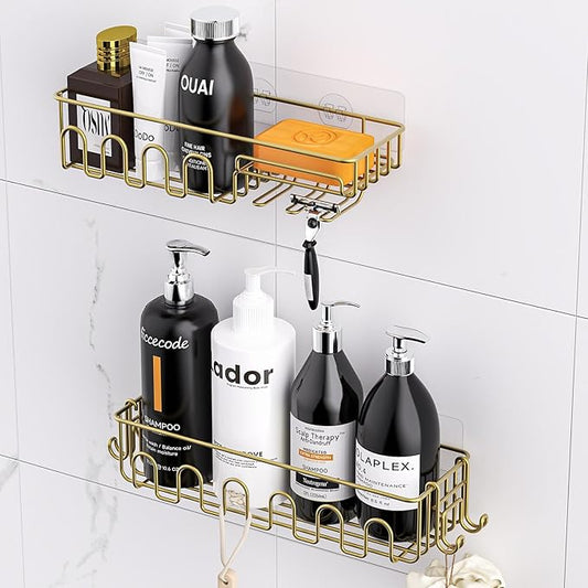 Adhesive Shower Caddy: 2 Bonus Hooks, 4-Pack Wall Mounted Bathroom Storage Shelf, Rustproof Metal Basket Organizer for Kitchen & Bathroom No Drill Gold