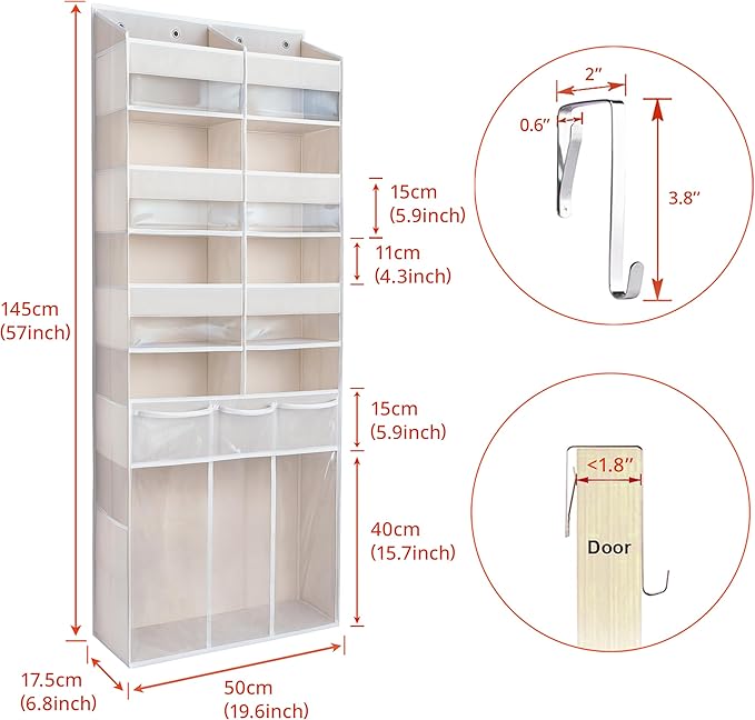 Extra Large Over The Door Organizer with Clear Pockets - 8 Compartments & XL Bottom Storage, Heavy-Duty Hanging Organizer for Bathroom, Bedroom, Closet (57 Inch Height). (Beige)