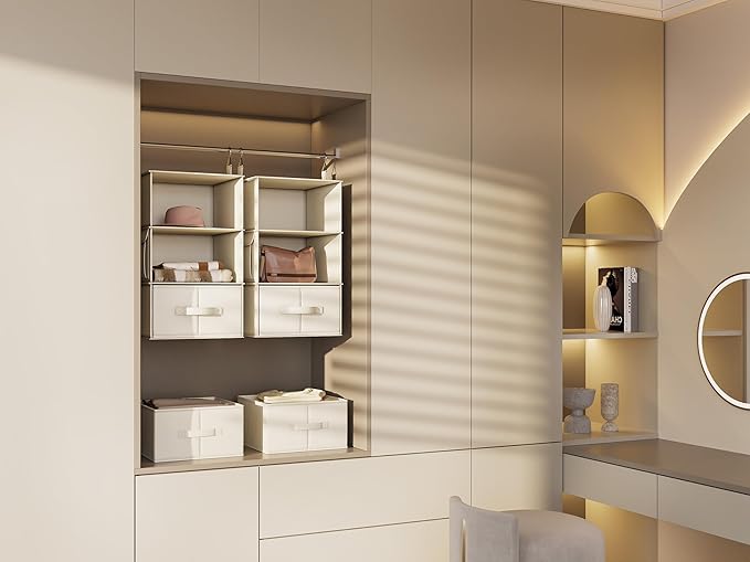 Vailando 3-Shelf Hanging Closet Organizer, Set of 2 Hanging Shelves with 2 Drawers for Wardrobe, Nursery, Baby Clothes Storage and Organization, Beige-NeatNest