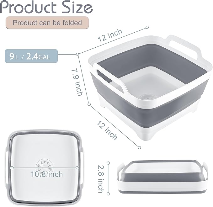 2.4 Gal(9L) Collapsible Dish Basin with Drain Plug, Space Saving Outdoor Multiuse Foldable Sink Tub, Dishpan, Kitchen Storage Tray for Camping, Vegetable Washing, RV (Gray)-NeatNest