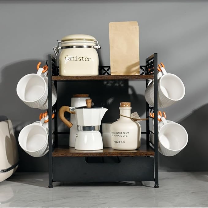 Coffee Bar Organizer Countertop, 2 Tier Mug Cup Holder Stand with 12 Hooks, 30 K Cup Coffee Pod Drawer with Mug Rack, Multifunctional Shelf Organizer for Accessories Station Kitchen (Brown)-NeatNest