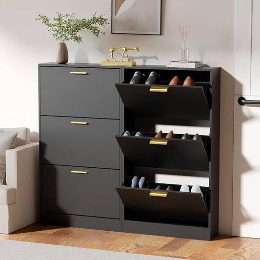 JOZZBY Shoe Cabinet Storage with 3 Flip Drawers for Entryway, Black Slim Freestanding Modern Narrow Shoe Organizer Rack Cabinet for Hallway, Living Room, Set of 2-NeatNest