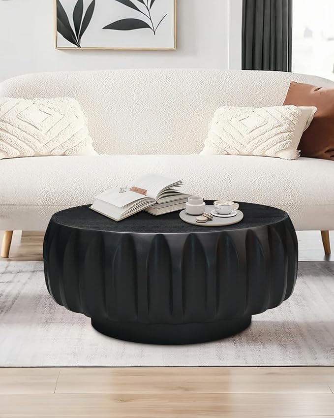 31.5" Drum Coffee Table Modern Unique Fluted Tea Table Contemporary Wood Round Coffee Table with Fluted Centry Table for Living Room Black