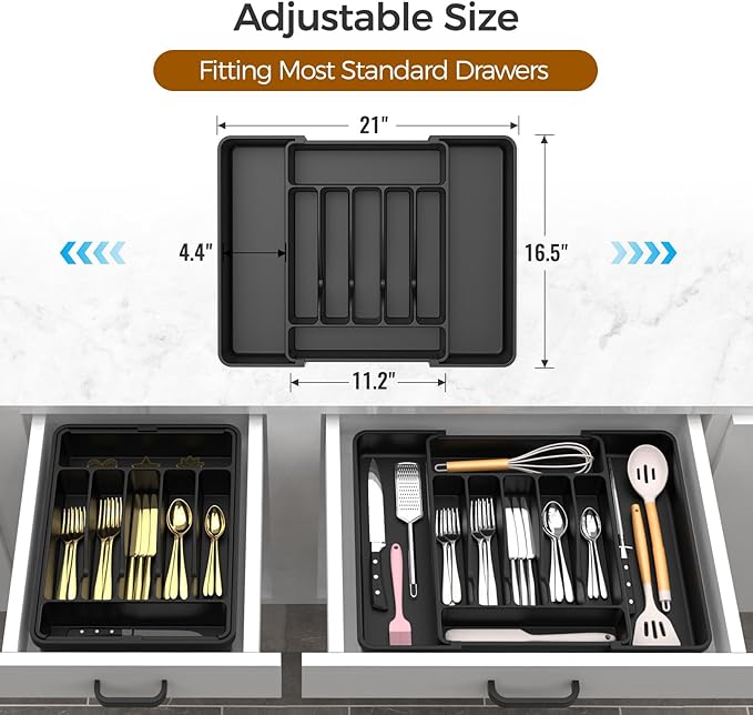 Extra Large Expandable Silverware Organizer, BPA-Free Food-Safe Cutlery Flatware Organizer, Kitchen Utensil Drawer Organizer, Adjustable Silverware Holder for Spoons Forks Knives, Black-NeatNest