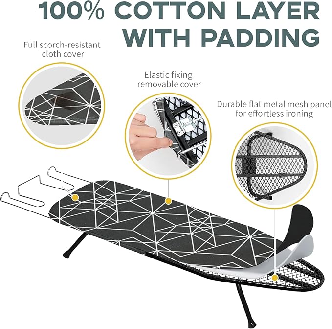Mini Ironing Board Tabletop Foldable, RAINHOL Space-Saving Iron Board, Compact and Portable for Travel and College, with Hook and Iron Holder, Steel Mesh, 31" x 12", Black and White Stripes