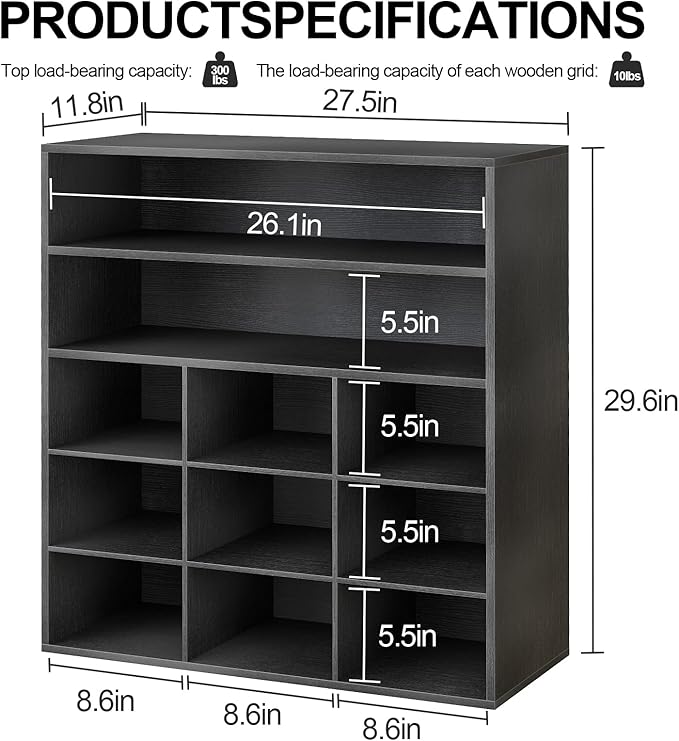 Garden 4 you Shoe Rack Organizer, 5-Tier Wood Cubby Shoe Rack with 2 Storage Shelf and 9 Cubbies, Shoe Organizer Cabinet for Entryway, Hallway, Closet and Garage,Black-NeatNest