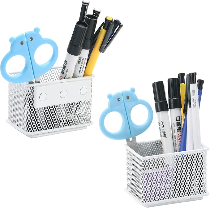 dedoot 2 Pack Pen Holder, 3.45x2.3x2.6inch Magnetic Basket Locker Organizer Metal Mesh Pencil Memo Holder for Whiteboard, Fridge, Desk, Offices,White-NeatNest