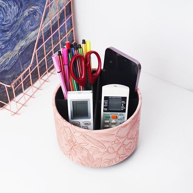 Hennaja Round Leather Art Supply Organizer,Remote Control Holder,360 Degree Spinning,Multi-Functional Pencil Holder,4 Compartments Desktop Stationary Organizer(1-Carved Pink)-NeatNest