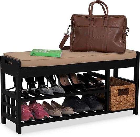 Wooden Shoe Rack with Bench Seat - Black Acacia Wood Entryway Organizer with Cushioned Top & Easy-Move Handles - Multi-Level Shoe Shelf (39.4 x 11.6X 19.29)-NeatNest