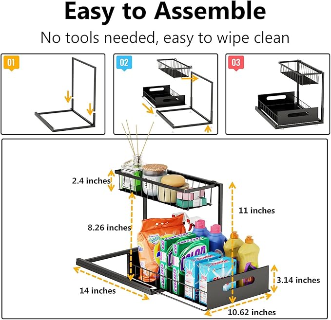 Under Sink Organizers and Storage 2 Tier Slide Out Kitchen Cabinet Organizer Sturdy Metal Bathroom Storage (Black, 1 Pack)-NeatNest