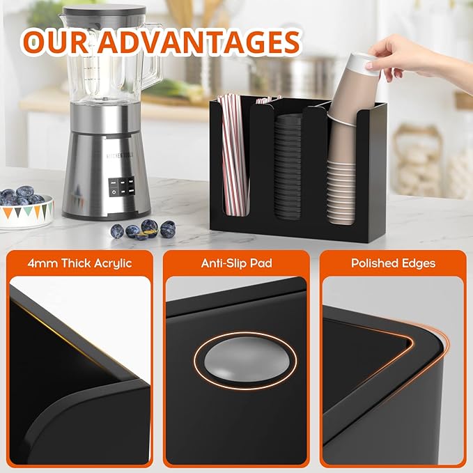 Richboom Acrylic Coffee Cup and Lid Storage Organizer Holder, 3 Compartments, Black-NeatNest