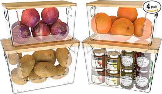 4 Pack Potato Storage with Lids – Front Open Kitchen Pantry Organizer and Storage, Stackable Storage Bins for Onion, Garlic, Fruit, Produce, Vegetable