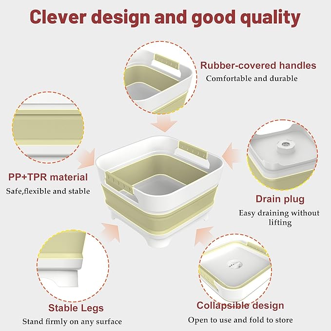 2.4 Gal Collapsbile Wash Basin with Drian Plug,9L Dish Pan for Soaking Baby Bottles,Portable Sink, Multiuse Foldable Bucket,Ice Beverage Tubs for Camping, Vegetable Washing, RV (Green)-NeatNest