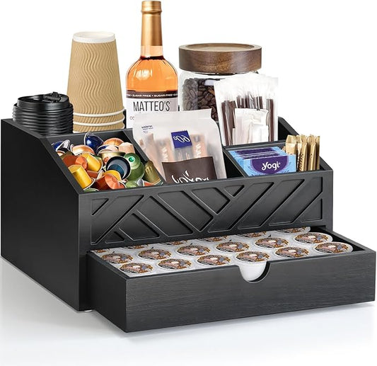 Farmhouse Coffee Bar Accessories Organizer - Countertop Coffee Station with Drawer, Pod Holder & Condiment Organizer (Black)-NeatNest