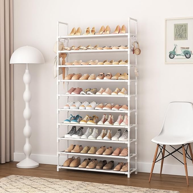 VTRIN 10 Tiers Shoe Rack Tall Large Capacity 50 Pairs Wide Shoe Organizer Sturdy Shoe Shelf for Entryway with Two Hooks Metal Shoe Storage for Closet, Bedroom, White, XJ-113-NeatNest