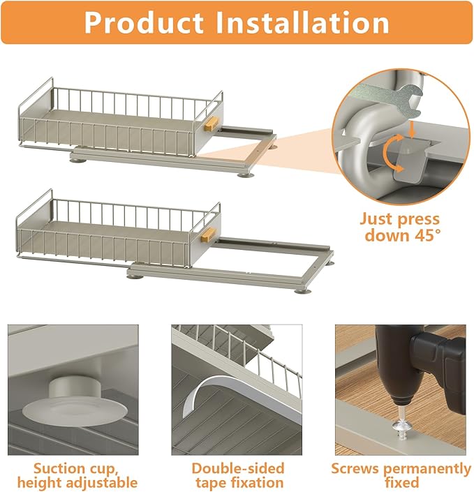 Under Sink Organizer, Single Tier Metal Pull Out Sliding Drawer Shelf for Kitchen Bathroom Cabinet Storage, Sturdy Rack – Gray-NeatNest