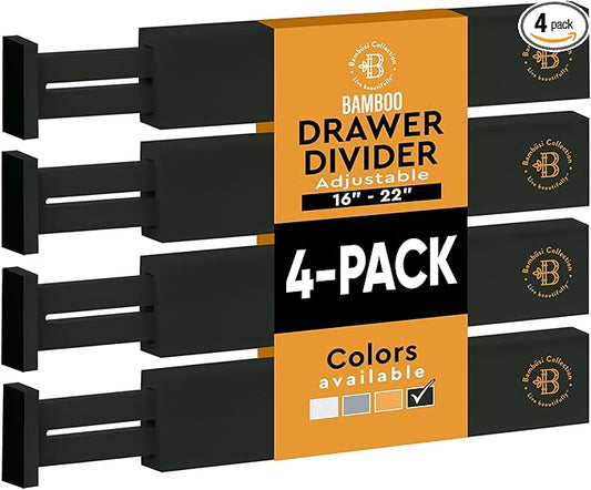 4 Pack Drawer Dividers Bamboo 2.6" High, 16-22" Adjustable Drawer Organizers for Clothes, Expandable Dresser Separators in Bedroom/Bathroom/Kitchen/Office Organization and Storage (Black)-NeatNest