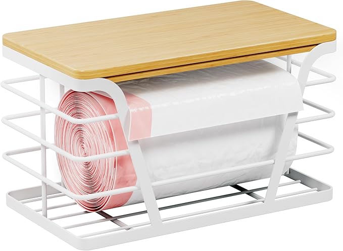 Small Grocery Bag Holder, Trash Bag Dispenser with Bamboo Top for Laundry Room Organization,Laundry Organizers and Storage, White