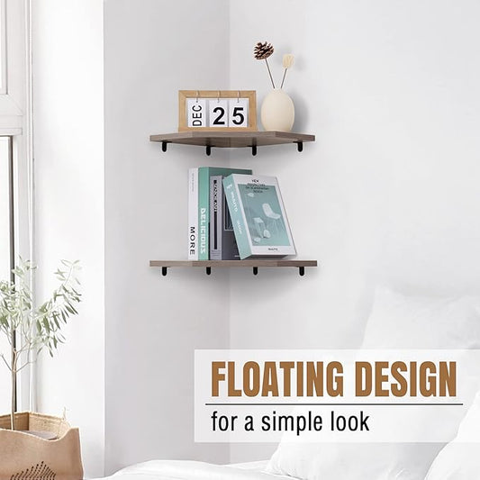 Corner Shelf Wall Mount, Corner Floating Shelves, Set of 4 Corner Wall Shelf Organizer, Rustic Wood Wall Storage Display Shelves for Living Room Bedroom Bathroom Kitchen, Rustic Grey-NeatNest