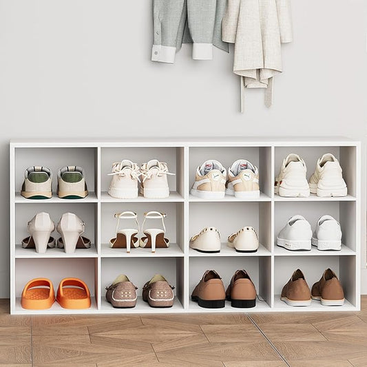 12-Cubby Shoe Rack, 3-Tier Wood Shoe Organizer, Multifunctional Shoe Organizer Bench for Entryway, Mudroom, Hallway, Closet,36.22 * 11.81 * 17.72 Inch,White-NeatNest