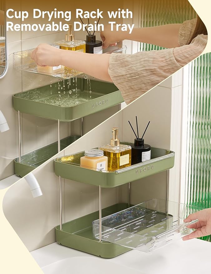 Countertop Coffee Station Organizer | 2-Tier Whisky Glass Tray, Mug Drying Shelf with Removable Drain Tray - Easy to Install, Clean - Spice Rack for Kitchen, Bathroom Counter Organzier-NeatNest