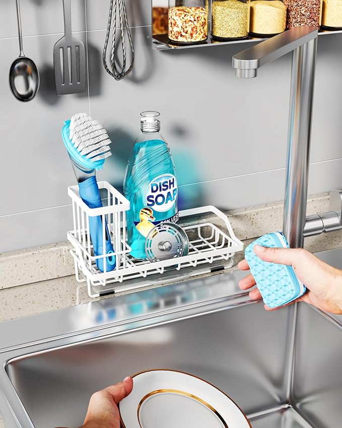 Consumest Sponge Holder for Kitchen Sink - Sink Caddy Organizer with Removable Drip Tray for Countertop Dish Soap Dispenser Brush Storage Kitchen Accessories 304 Stainless Steel, White-NeatNest