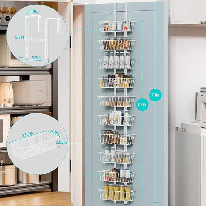 10-Tier Over the Door Pantry Organizer with Baskets Metal Over the Door Hanging Spice Rack, Over Door Organizer and Storage, Spice Rack Door Hanger Organizer for Home & Kitchen Laundry Bathroom, White