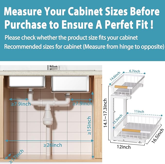 Under Sink Organizer Storage 1 pack, 2 Tier Slide Out Height Adjustable Pull Out Cabinet Organizer Drawers, Kitchen Bathroom Large Capacity Metal Under Sink Rack Caddy Basket Shelves, White-NeatNest