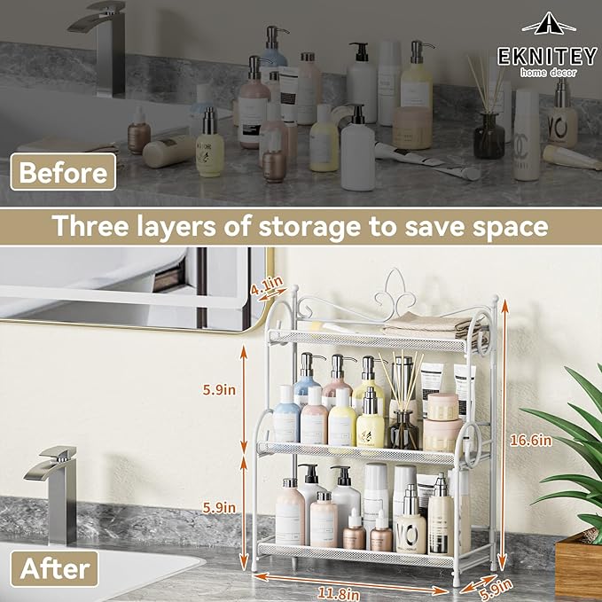 EKNITEY 3-Tier Bathroom Organizer - Sink Organizer Spice Rack for Countertop Storage, White (No Assembly)