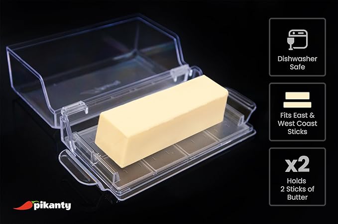 Airtight Butter Dish with Hinged Lid - Large Plastic Butter Container for Countertop or Fridge, Fits East & West Coast Sticks, Dishwasher Safe, Made in USA