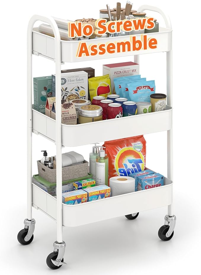 Sekey 3 Tier Rolling Cart Metal, NO Screws Assemble Utility Cart on Wheels, Heavy Duty Storage Cart with Lockable Wheels for Baby Nursery, Bathroom, Kitchen, Laundry Room, White