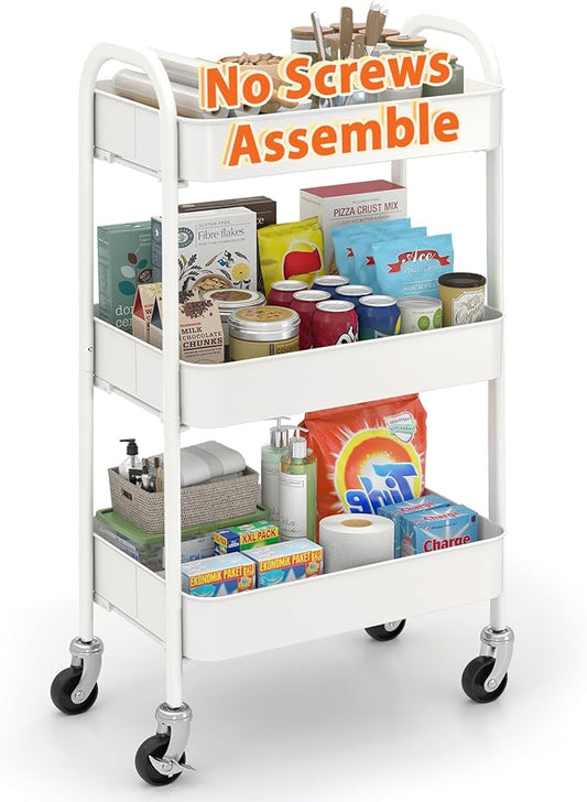Sekey 3 Tier Rolling Cart Metal, NO Screws Assemble Utility Cart on Wheels, Heavy Duty Storage Cart with Lockable Wheels for Baby Nursery, Bathroom, Kitchen, Laundry Room, White