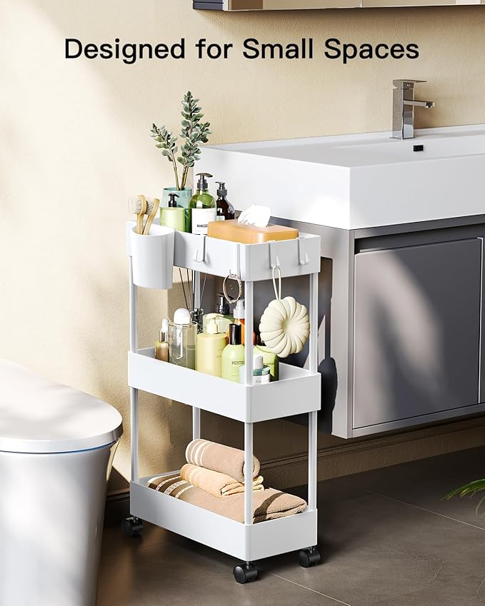 Pipishell Slim Storage Cart with Wheels, Bathroom Cart Organizer Bathroom Storage Small, Rolling Cart for Bathroom, Laundry Room, Kitchen, Narrow Space, White PIUC04W-NeatNest