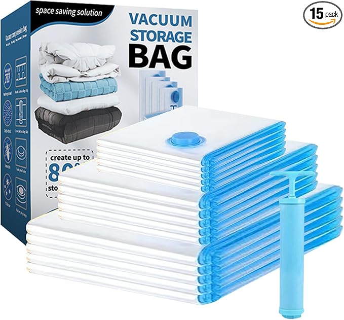 15 Pack Vacuum Storage Bags, 80% Space Saver Bags (3 Jumbo/3 Large/3 Medium/3 Small/3 Roll) Compression for Comforters and Blankets, Sealer Clothes Storage, Hand Pump Included (15 Combo)-NeatNest